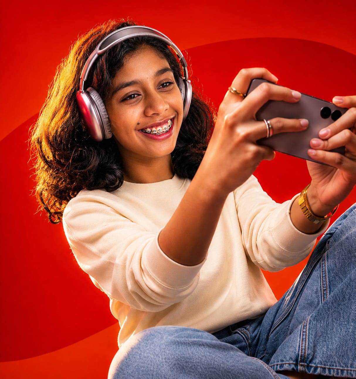 Girl enjoying fast broadband on phone with headphones
